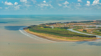 Aerial View of Mekong River estuary seen from Thua Duc, Ben Tre, Vietnam