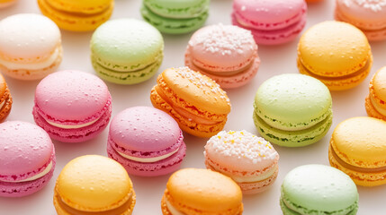 Fototapeta premium Rows of macarons in various colors and flavors create a visually appealing treat at a lively dessert showcase