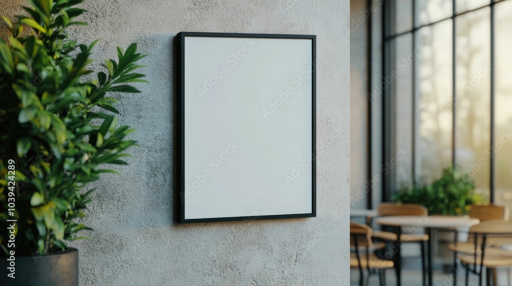 Aufkleber minimalist blank rectangular acrylic sign mockup firmly attached to the side of a modern restaurant 