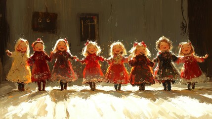 Joyful Children Dancing in Warm Sunlight Illustrated Artwork