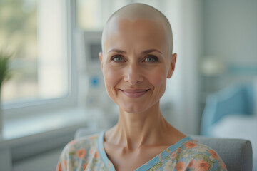 portrait of smiling bald woman suffering from cancer