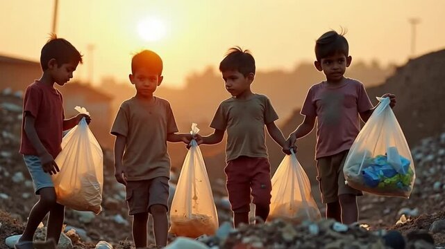 A group of young children collect recyclables from a garbage pile. Their clothes are dirty, and the sun is setting. This shows child labor in poverty-stricken areas.