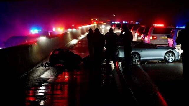Emergency personnel work diligently at night to secure a car crash site, ensuring safety while attending to the wreckage and directing traffic