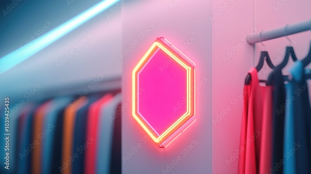 Poster mesmerizing hexagonal neon light sign illuminating a boutique s facade with a deep depth of field cr