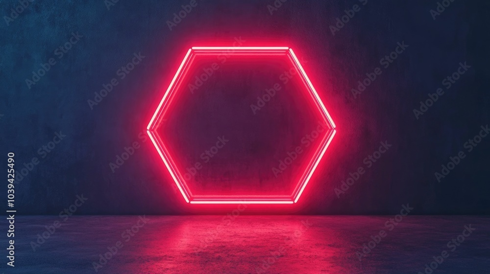 Poster vibrant futuristic hexagonal neon light sign glowing outside a boutique with a deep depth of field c