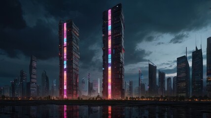 Cyberpunk-Inspired Urban Street with Glistening Reflections of Neon Signs