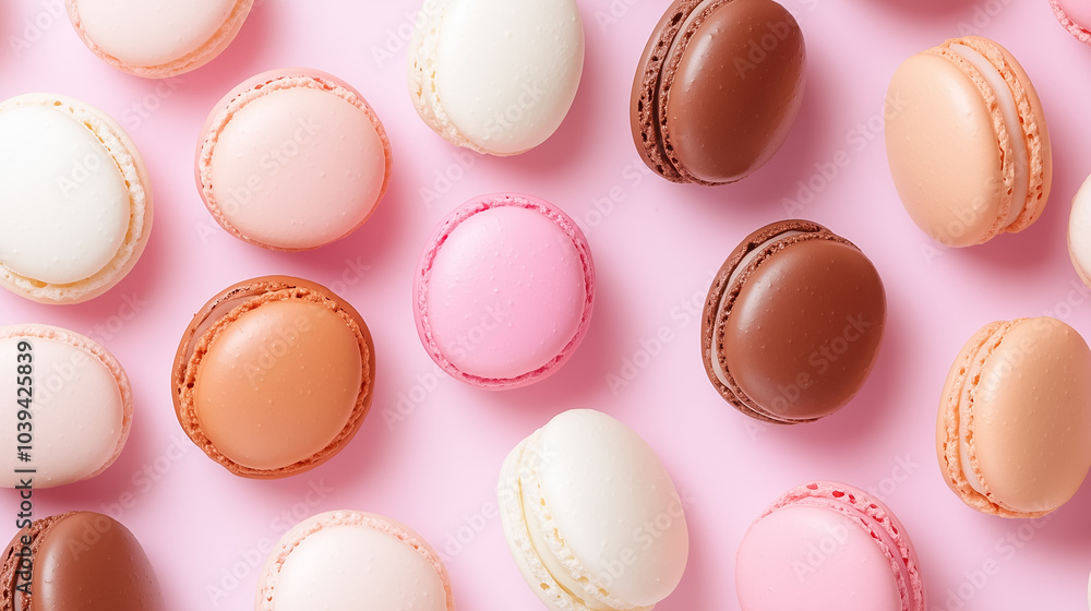 Poster rows of vibrant macarons in various colors create an enticing dessert display on a soft pink surface