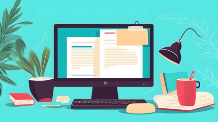  A bright and minimal workspace featuring a sleek desktop monitor, potted plant, desk lamp, and essential office items like books, a coffee mug, and a keyboard. The calming teal background 