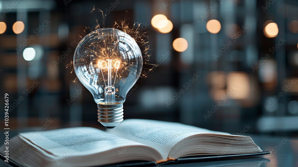 Poster inspiring illumination a floating lightbulb sparks creativity above an open book symbolizing ideas a