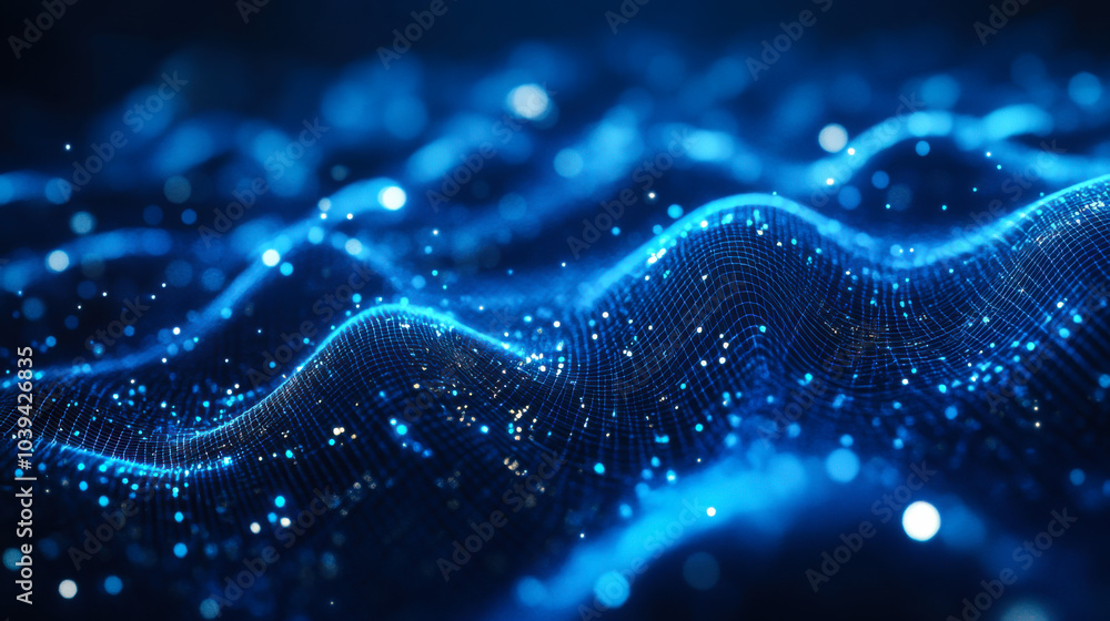 Poster futuristic blue wave patterns with shimmering particles and flowing lines create a mesmerizing visua