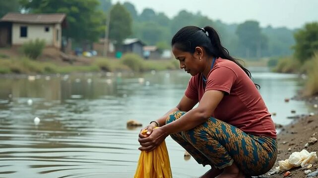 In a village with modest homes, a woman washes clothes by a polluted river.
