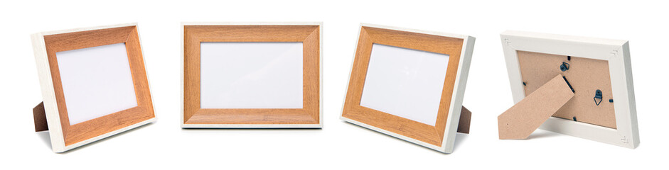 Desktop photo frame, Vertical standing brown wooden picture frame on white background,