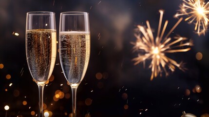 Elegant champagne flutes sparkle with bubbly a dazzling firework display, the essence of a joyous new year's eve party. background with copy space, Merry Christmas and Happy New Year congratulations