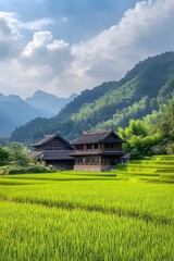 Fototapeta premium Picturesque Rural Village Nestled Amidst Lush Green Mountains and Verdant Rice Fields in Guilin China