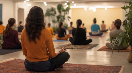A vibrant community yoga and meditation event celebrating the Mahayana New Year, featuring diverse participants in a harmonious atmosphere, fostering peace, unity, and mindfulness. people