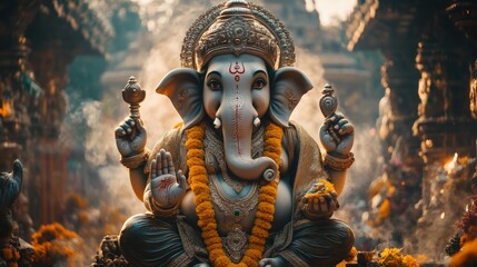 Divine Lord Ganesha in Meditative Posture with Symbolic Attributes
