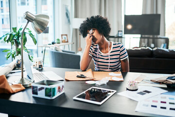 Stress, designer and woman with headache at house for clothes crisis, material mistake and...