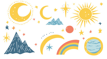 Colorful celestial and mountain illustrations featuring stars, suns, moons, and a rainbow in a whimsical style.