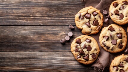 Delicious chocolate chip cookies freshly baked on rustic wooden table