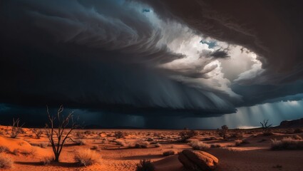 Dramatic Desert Landscape Under Stormy Sky.