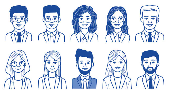 Set of diverse cartoon avatars showcasing young professionals in blue outlines.