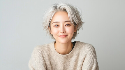 Fototapeta premium Captivating portrait of a korean woman with short blonde hair embracing a chic beige sweater in an elegant studio setting