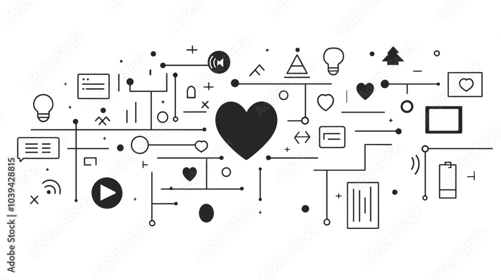 Poster abstract line art with various icons and symbols, centered around a large heart.