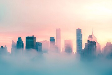 Naklejka premium A skyline rises unexpectedly from the morning haze, with towering silhouettes cutting through a gentle pastel backdrop.
