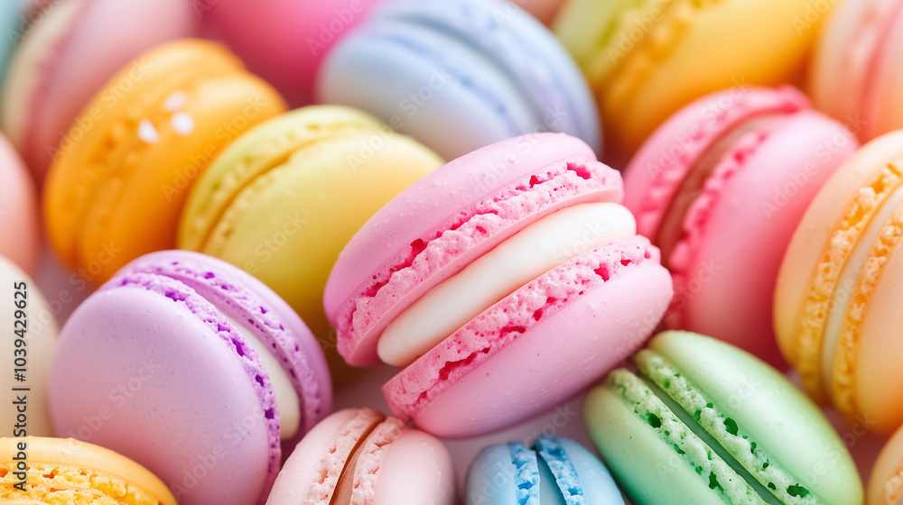 Poster rows of colorful macarons in various flavors create a delightful dessert display at a bakery