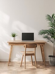 A streamlined workspace with a tidy desk, contemporary laptop, and a touch of greenery designed for optimal efficiency.