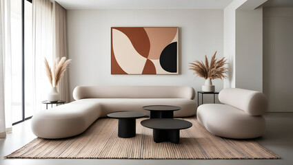 Minimalist, japandi style interior design of modern neutral living room. Rustic black coffee table near sofa against beige wall with wall art frame.