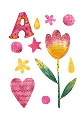Set of bright watercolor children elements on a white background. For the design of stickers, posters, invitations. Fun elements pink, yellow and blue: flowers, crown, stars, drops, circles, confetti