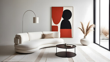 Minimalist, japandi style interior design of modern neutral living room. Rustic black coffee table near sofa against beige wall with wall art frame.