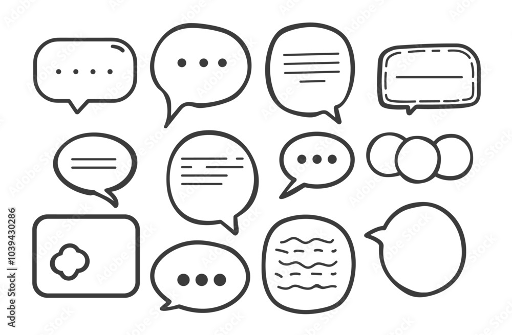 Poster collection of blank speech and thought bubbles in various shapes and sizes on a white background.