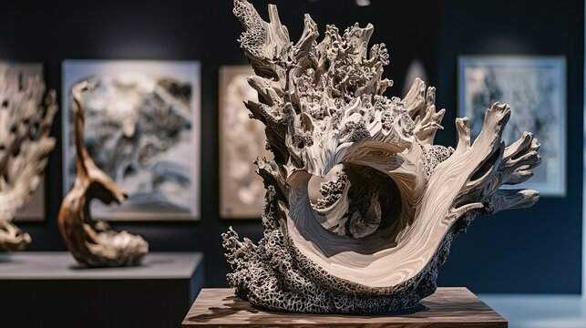 A nature-inspired sculpture featuring detailed carvings and designs embodies the spirit of animism in an art gallery setting.