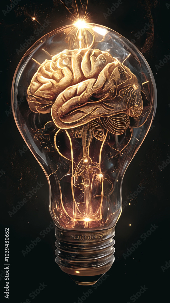 Poster illuminating innovation a captivating lightbulb design merging brain imagery with brilliant glow for