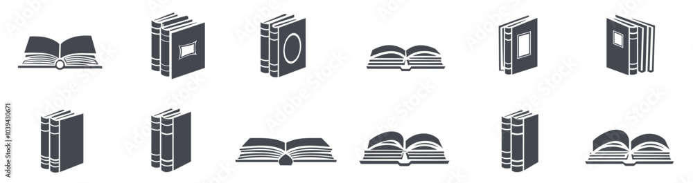 Poster a collection of book icons representing various open and closed book designs in a minimalist black a