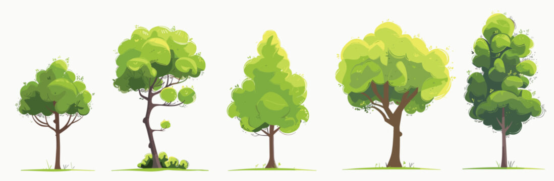 Illustration of five stylized green trees against a white background, showcasing diverse shapes and lush foliage.