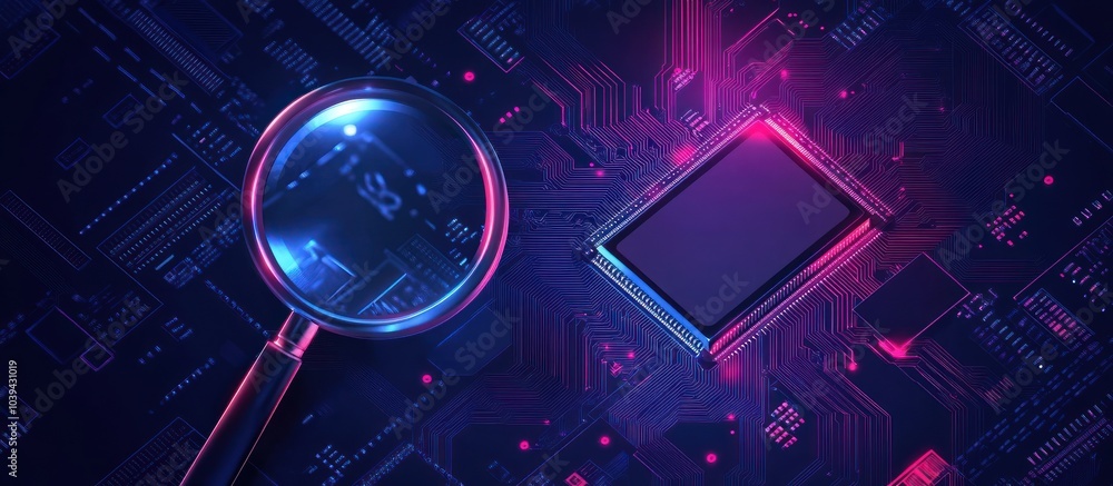 Poster magnifying glass in a hand and ai chip with circuit light thin lines on dark blue background. cpu se