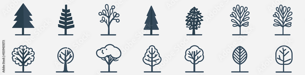 Poster illustrated tree icons depicting various tree shapes and styles in a minimalist design.