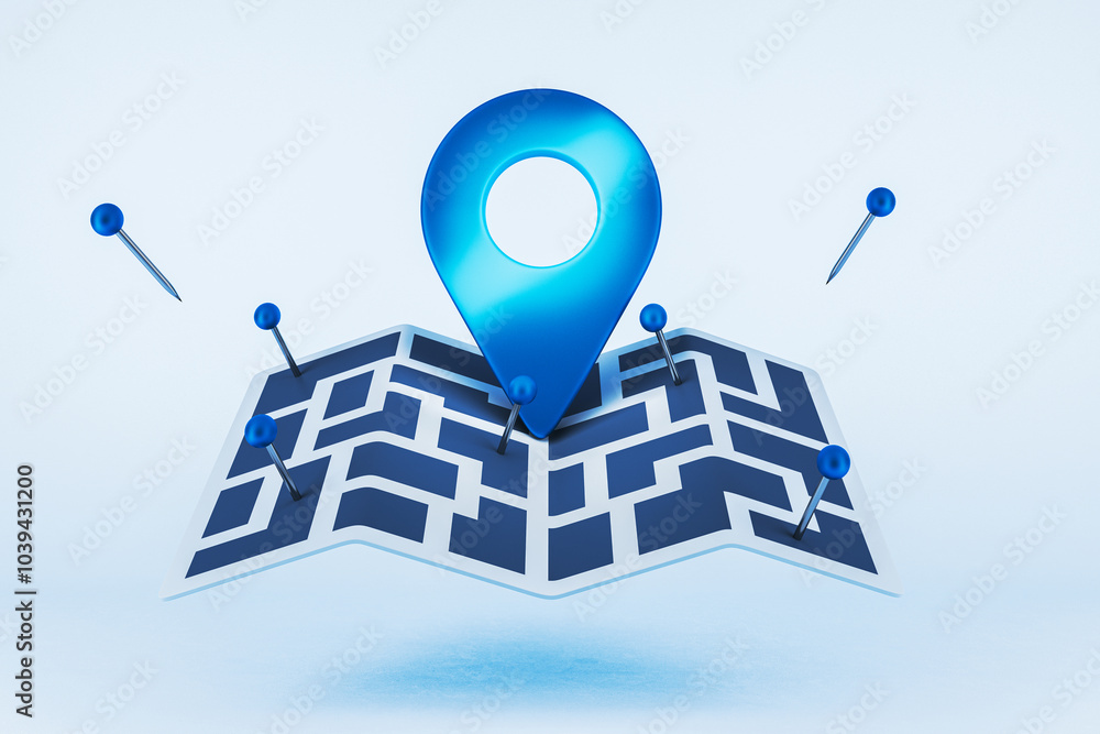Poster Close up of blue map with pin on white background. Locator and gps concept. 3D Rendering.