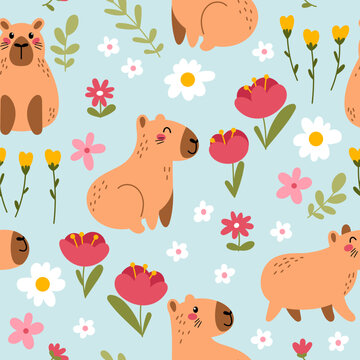Floral seamless pattern with capybara