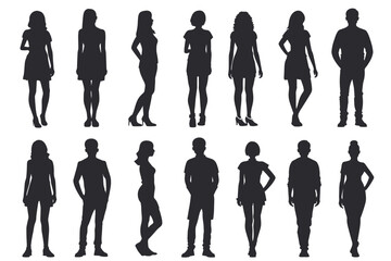 Silhouettes of diverse men and women standing in various poses on a white background.