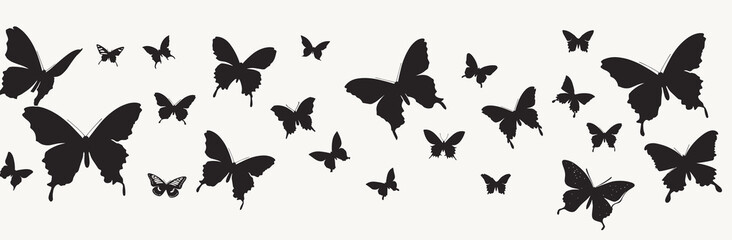 Silhouette of various butterflies gracefully flying in a seamless pattern against a light background.