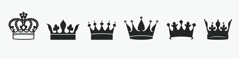 Obraz premium A collection of six black crown silhouettes, each with unique designs, displayed in a row on a light background.