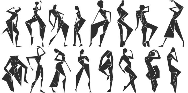 Abstract geometric silhouettes of dancing figures on a white background.