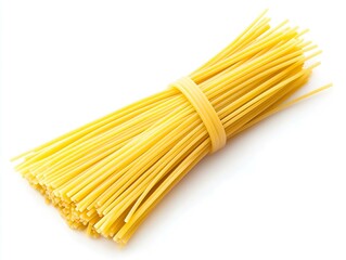 Bundle of uncooked spaghetti pasta on white background.