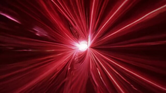 Red glow light rays with time warp on rotate and zoom in effect background. Perspective view of red laser light burst motion. Towards Camera. 4K Video