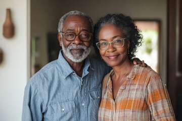 Senior couple embracing standing at home, Generative AI