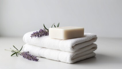 A bar of soap atop towels with lavender sprigs nearby.